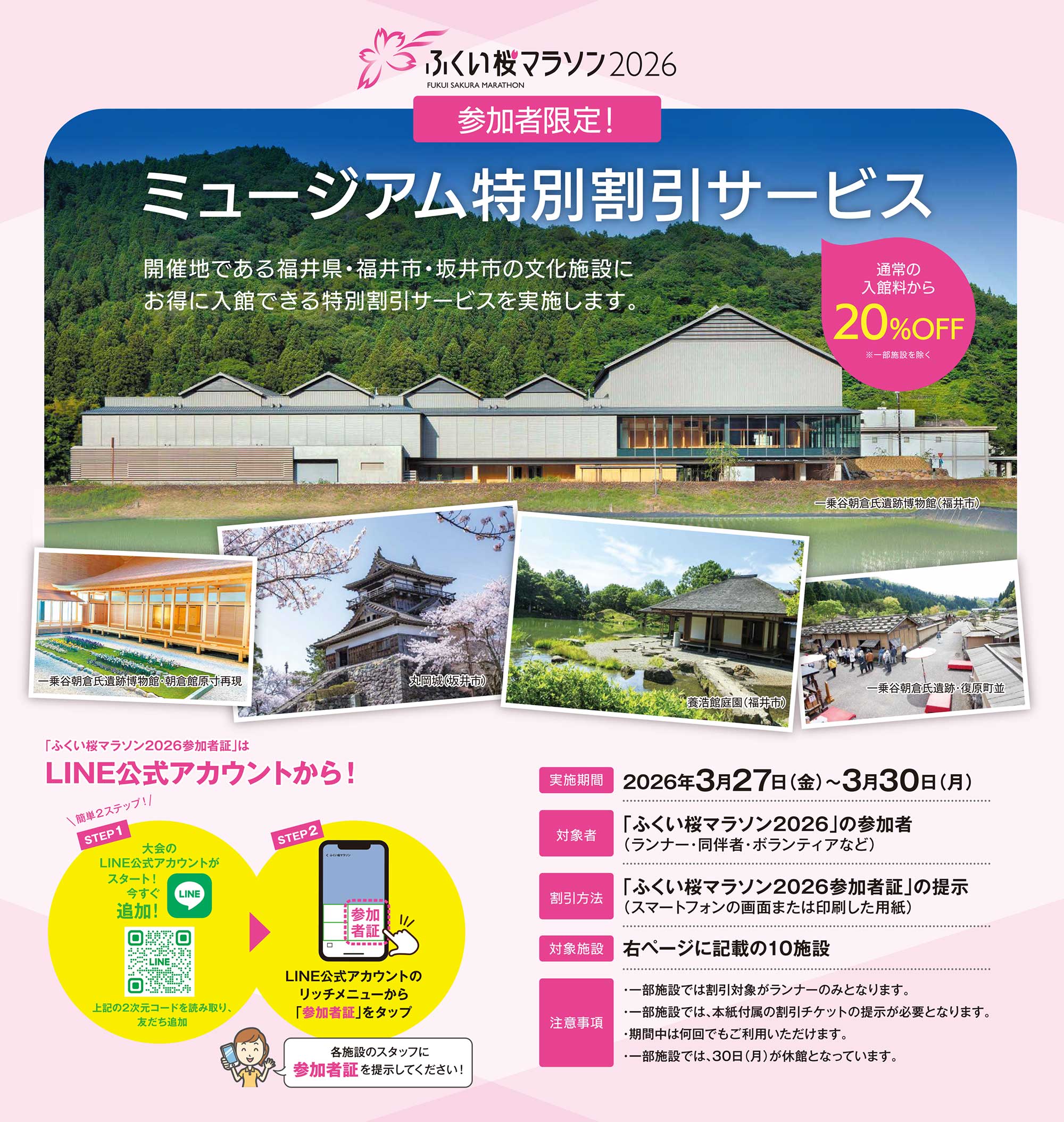 ふくい桜マラソン2026 ミュージアム特別割引 リーフレットが開きます